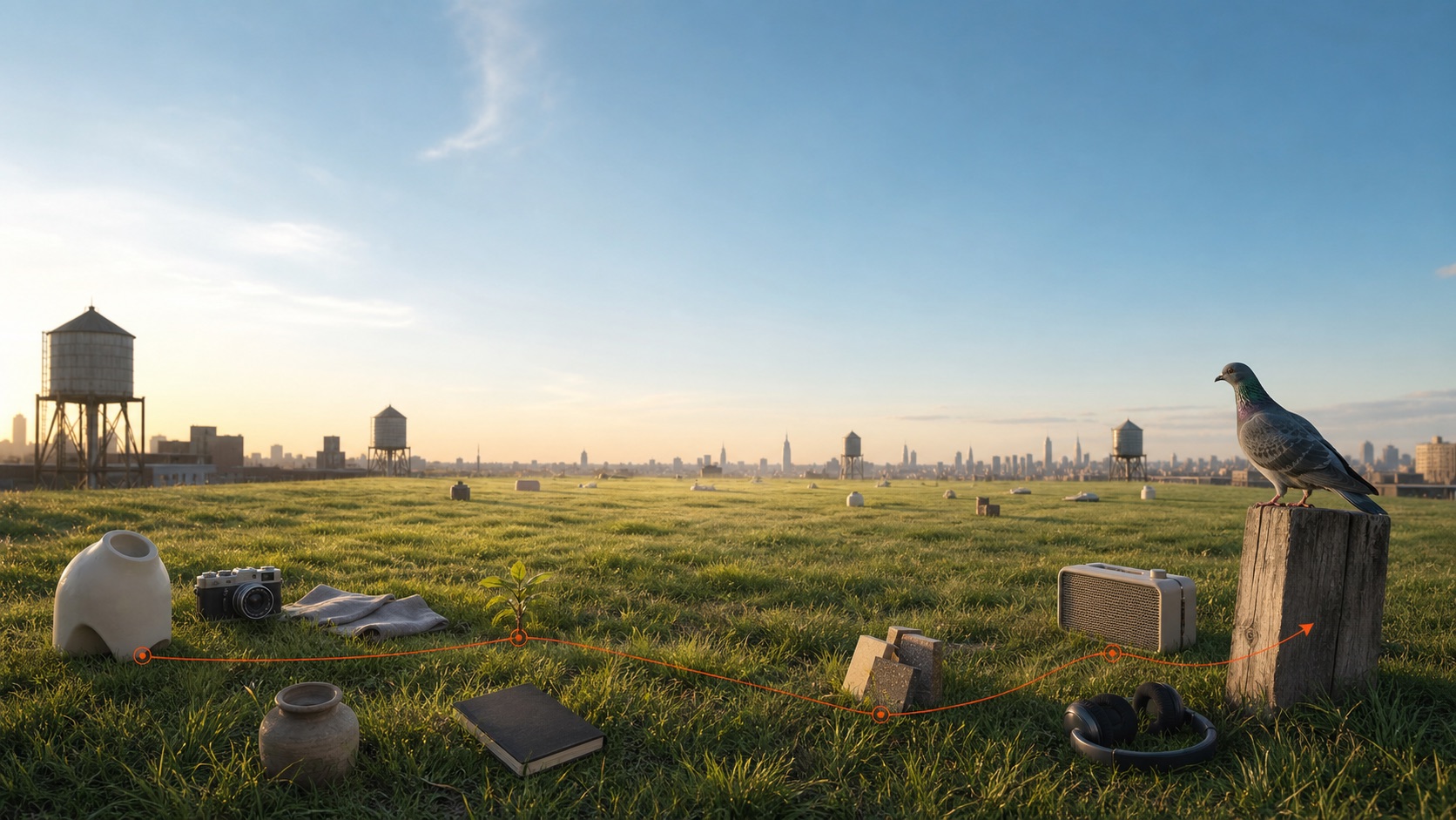 A rooftop meadow above the New York skyline. An orange route threads through a founder's scattered tools toward a pigeon perched on a wooden post.
