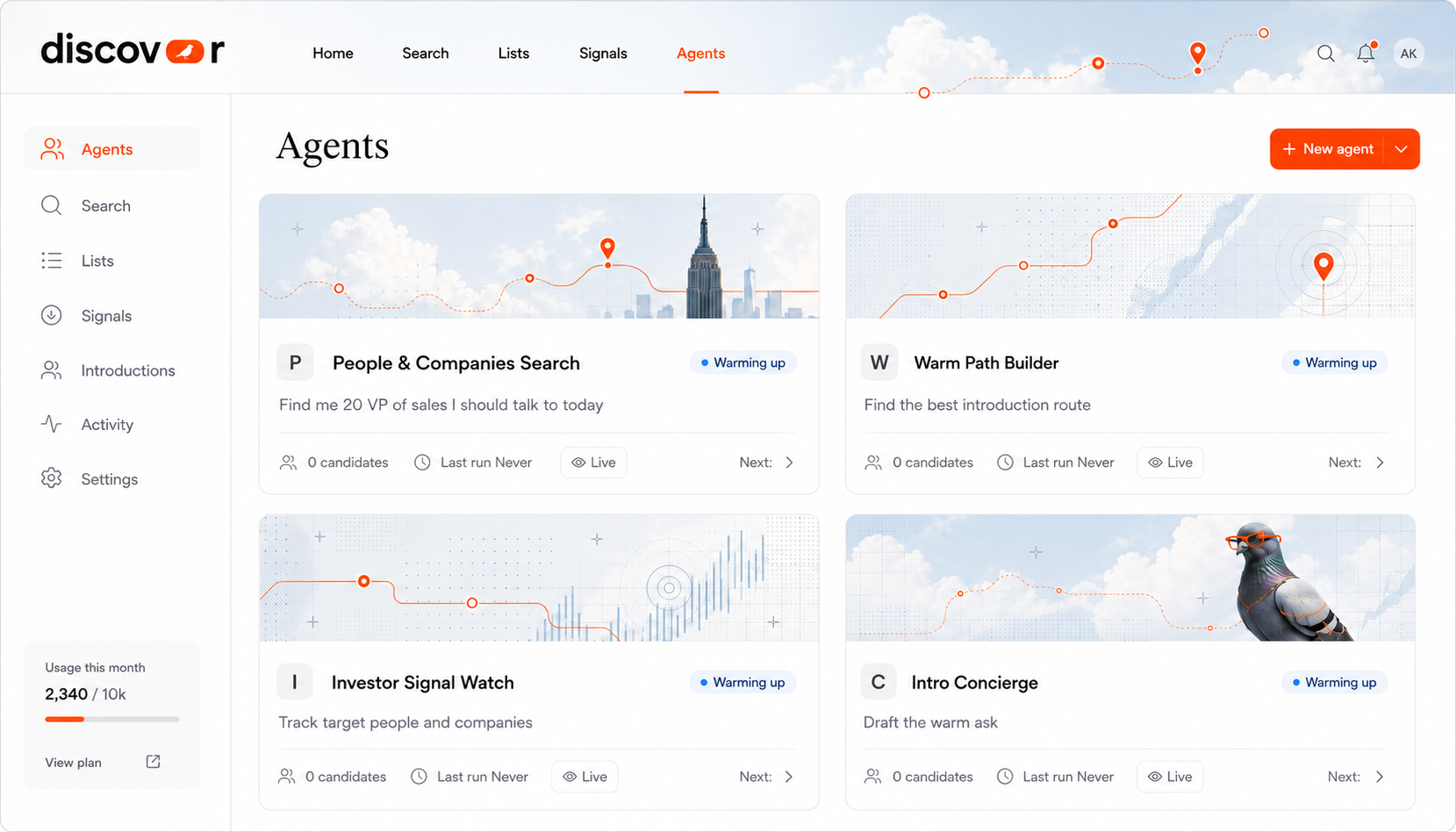 The discovr dashboard showing agents for people and company search, warm path building, investor signal tracking, and intro drafting.