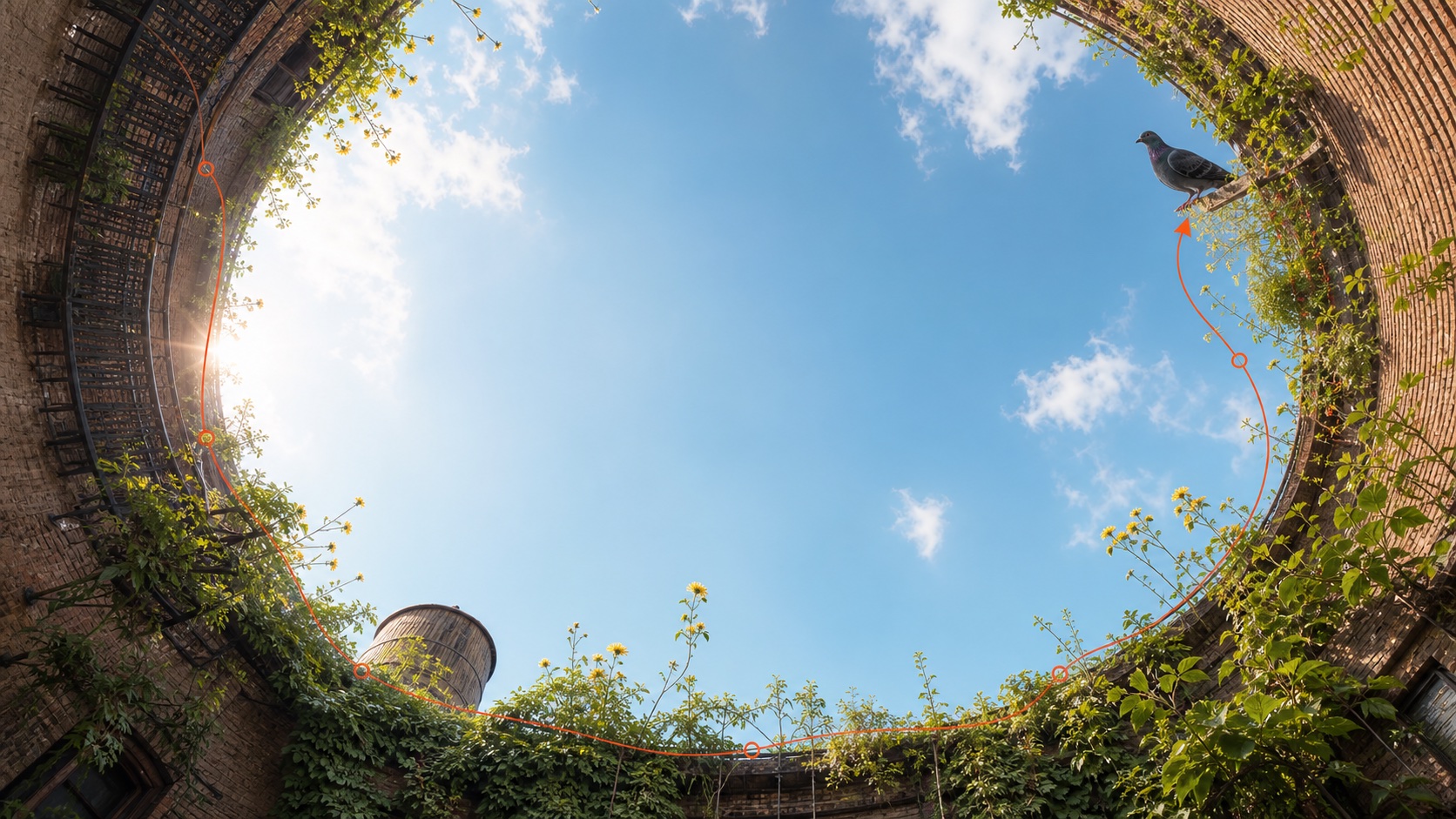 Looking up from a brick courtyard reclaimed by wildflowers: an orange route climbs the ivy to a pigeon perched at the rim, open sky above.