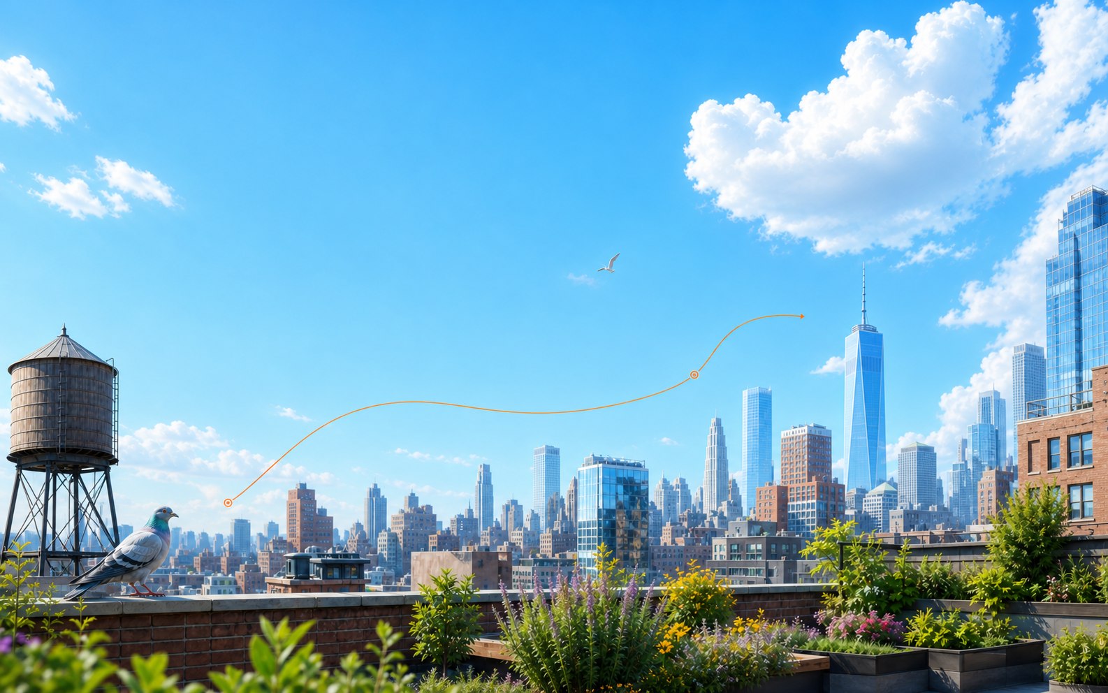 A bright New York rooftop with a pigeon, a water tower, and the skyline, connected by an orange route.