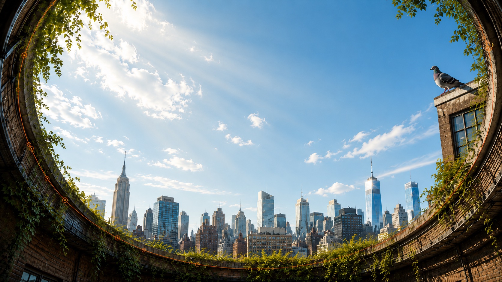 From inside an ivy-covered brick rim, the New York skyline rises under an open morning sky; an orange route runs the curve of the rim to a pigeon perched on the ledge.