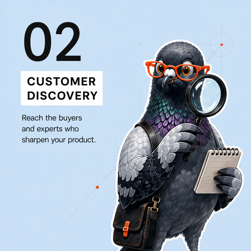 Customer discovery. Reach the buyers and experts who sharpen your product.