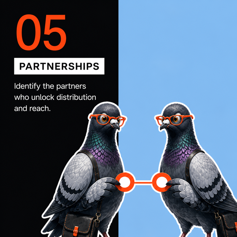 Partnerships. Identify the partners who unlock distribution and reach.